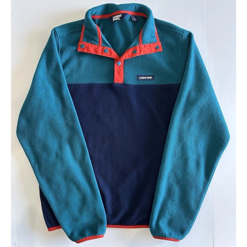 Lands' End Unisex Small Fleece Snap Pullover Retro Colorblock Teal Navy Gorpcore